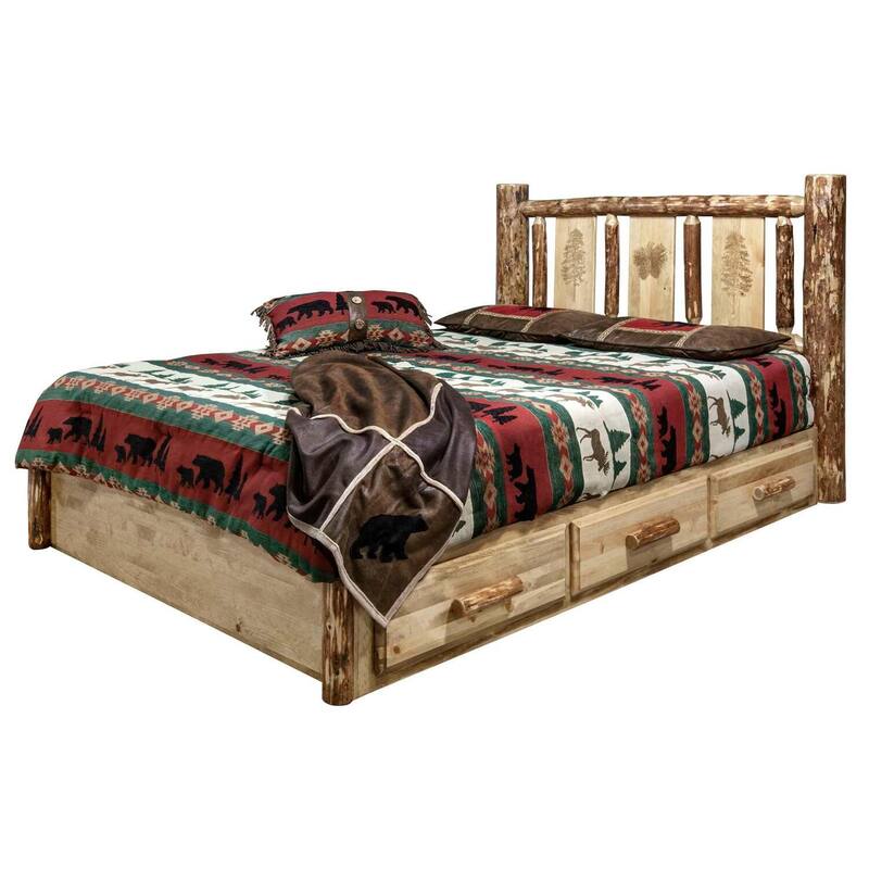 Rustic Platform Bed with Storage - Laser Engraved Pine Tree Design - Wood Bed Frame - 83" x 60" - 550lb Capacity