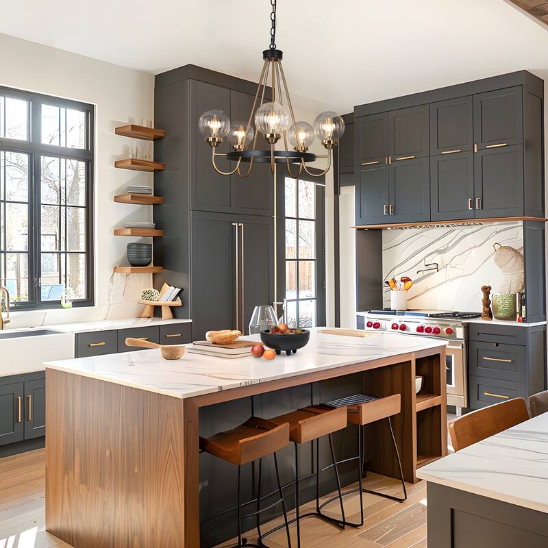 Modern Farmhouse 5-Light Black Gold Chandelier Wheel Shape Pendant Lights for Dining Room - 22" D x 21.5" H