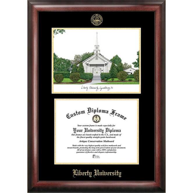 Liberty University 11w x 8.5h Gold Embossed Diploma Frame with Campus Images Lithograph