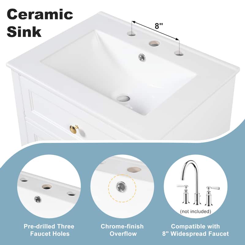 24" Bathroom Vanity with Sink, MDF & Pinewood Construction, 3 Drawers & Cabinet with 2-Tier Door Storage Rack, Soft-Close