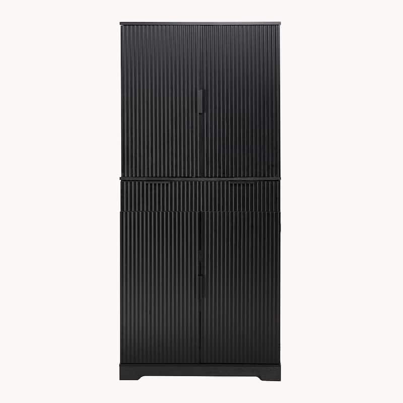 Kitchen Pantry Cabinet, Fluted Kitchen Cupboard with 3 Keyboard Drawers, Tall Storage Cabinet with Adjustable Shelves