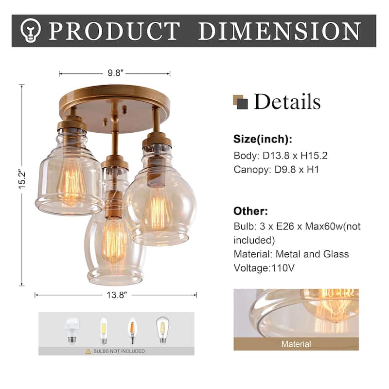 Mariana 3-Light Flush Mount with Cognac Glass Shade