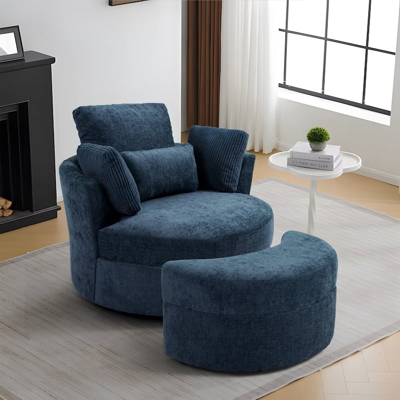 Upholstered Swivel Accent Chair with Wooden Tray Storage Ottoman - Chair & Ottoman Sets - BLUE/Corduroy Armrest Pillow