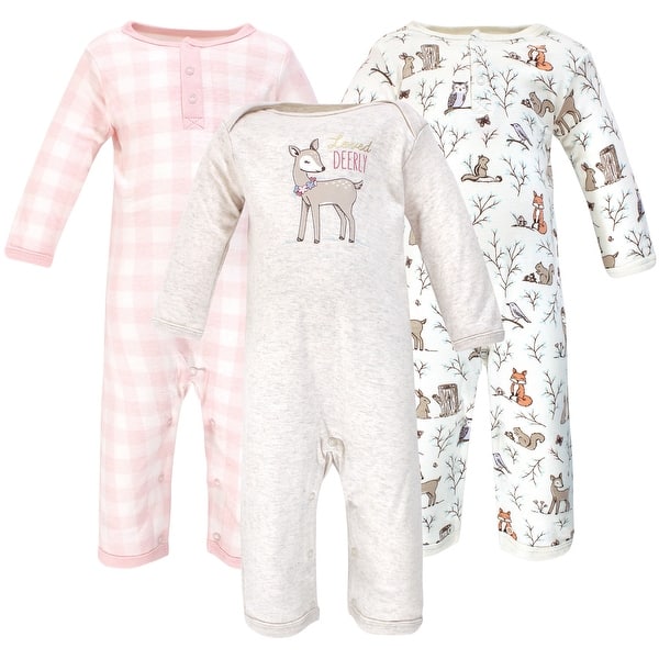 slide 1 of 1, Hudson Baby Infant Girl Cotton Coveralls 3pk, Enchanted Forest 0 - 3 Months - Pink