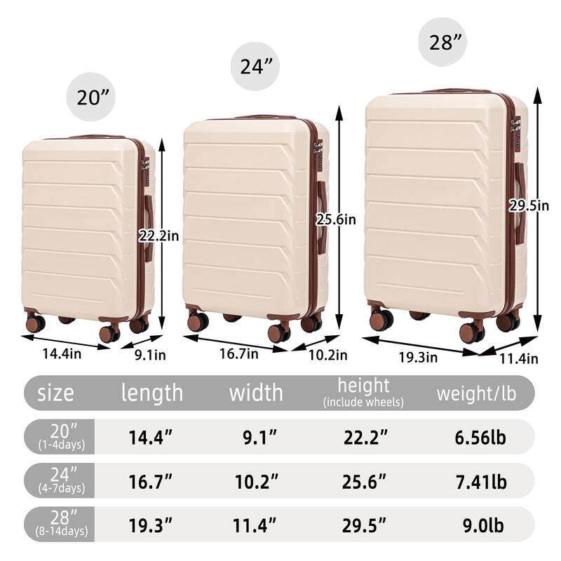 3 Piece (20/24/28 inch) PC Hardside Carry On Luggage Sets with Spinner Wheel and Retractable Handle, for Home Travel Luggage