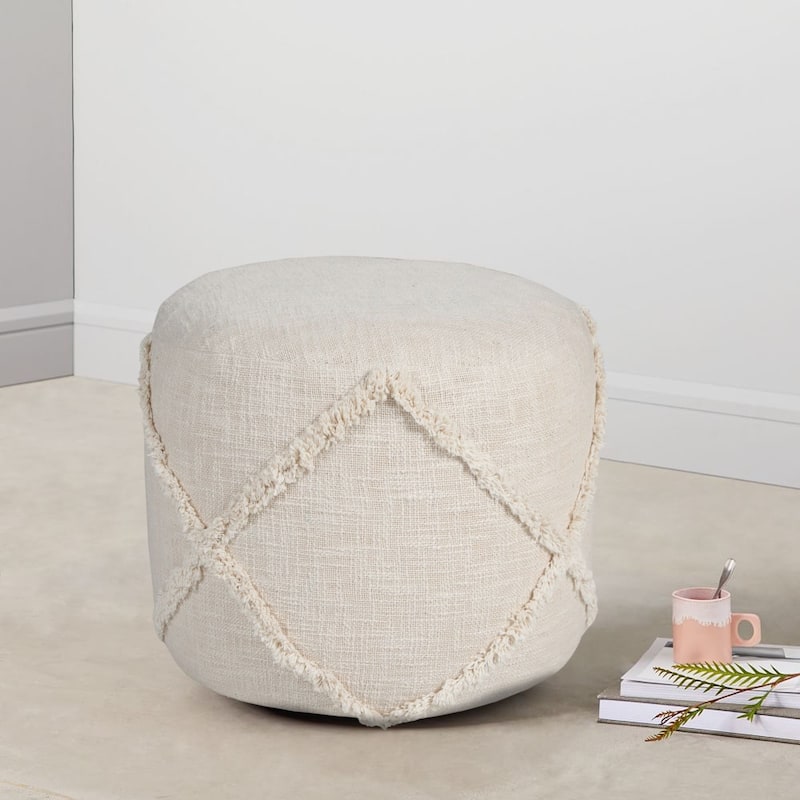 18" Beige Solid Texture Diamond Round Pouf Ottoman
