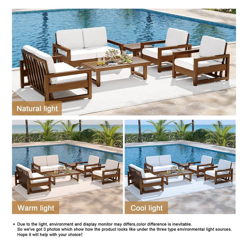 7-Piece Outdoor Teak Wood Conversation Set with Loveseat, Chairs and Tables