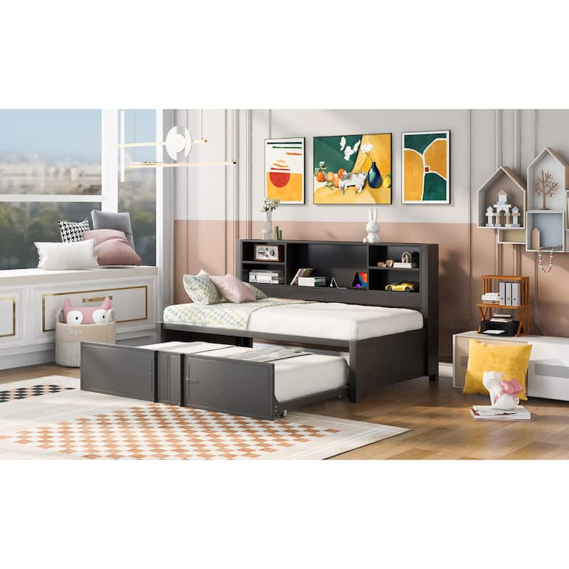 Twin Metal Daybed with Trundle, Shelves & USB