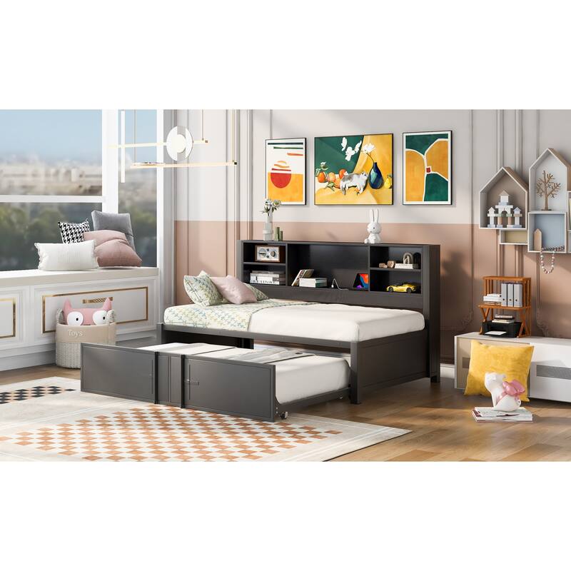 Twin Size Daybed with Trundle and Built-In Storage Shelves - Metal Frame with USB Ports, Perfect for Guest Rooms