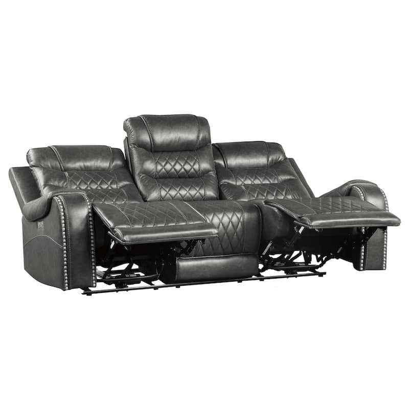 Paul Power Recliner Sofa, 87 Inch, Gray Faux Leather, Drop Down Table