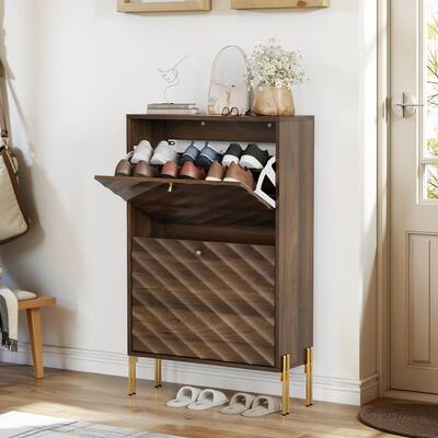 23.6 Inch Walnut Shoe Cabinet, Mid-Century Modern Freestanding Shoe Cabinet w/Metal Legs - N/A