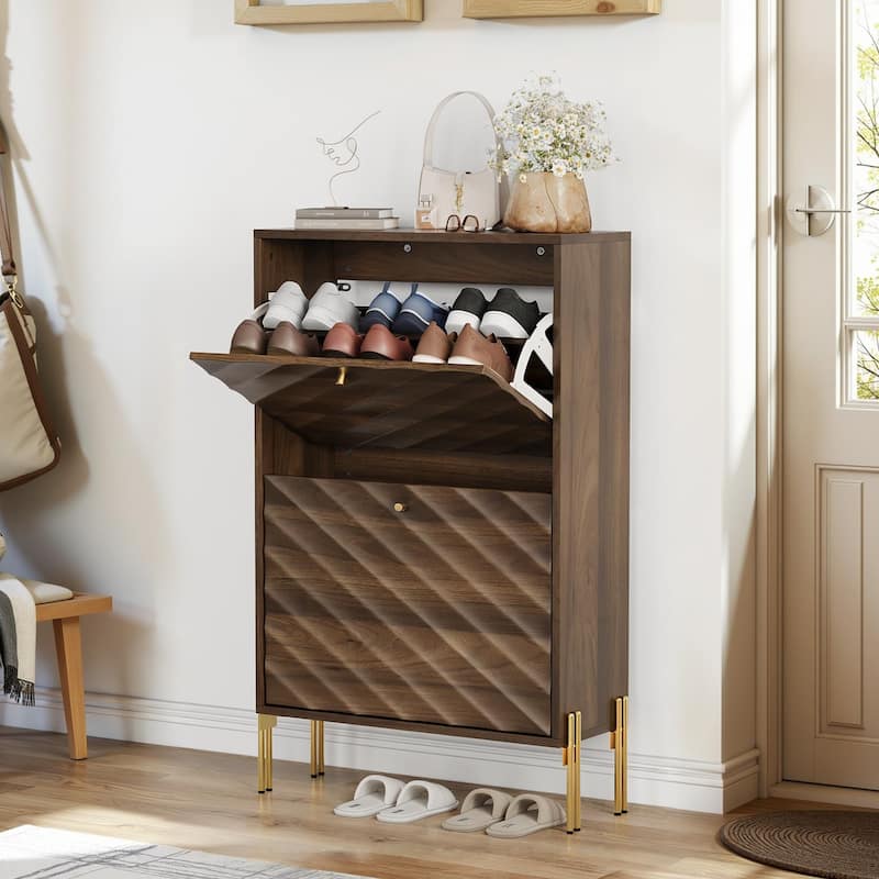Mid-Century Modern 23.6 Inch Walnut Shoe Cabinet – Freestanding Organizer With Metal Legs, Ideal For Entry, Hallway & Entryway