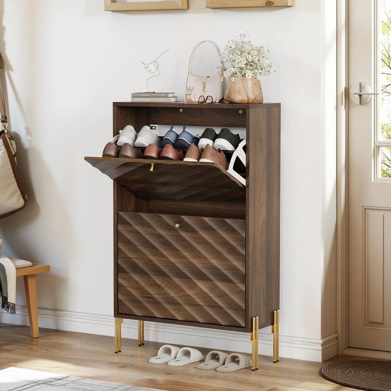 Shoe Cabinet with 2 Flip Drawers, Large Capacity Wood Storage Cabinet, Shoe Rack with Adjustable Shelves & Metal Legs