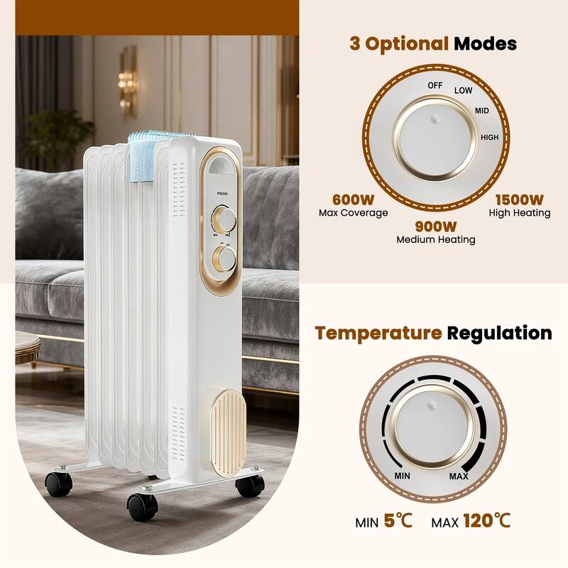 Oil Space Heater, Portable Radiator Heater with 3 Heat Settings, 1500W Thermostat, Tip-Over Protection