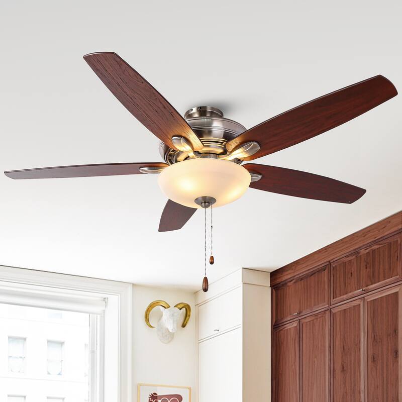 52-inch Traditional Nickel Frosted Glass Ceiling Fan with Light and Pull Chain - Polished Nickel