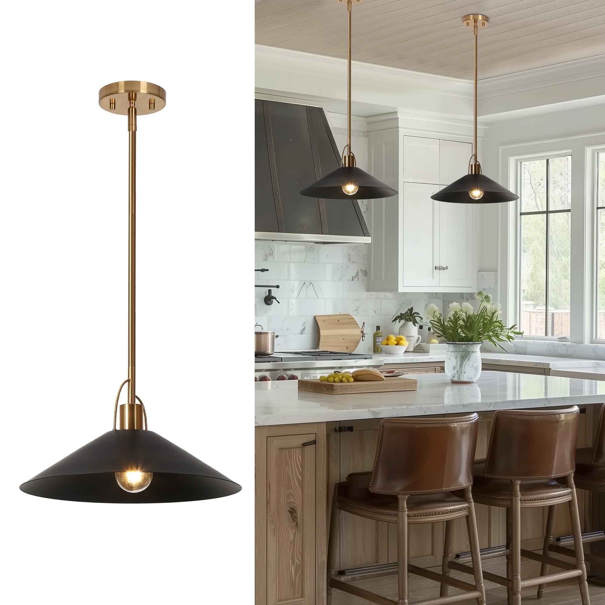 LALUZ Modern Farmhouse 1-Light Black Gold Pendant Kitchen Island