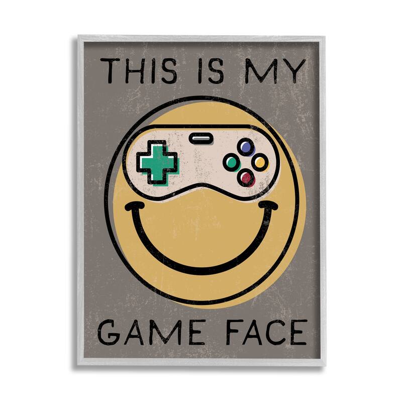 Stupell My Game Face Phrase Yellow Smiley Retro Controller Framed Wall Art - 11 x 14 - Grey