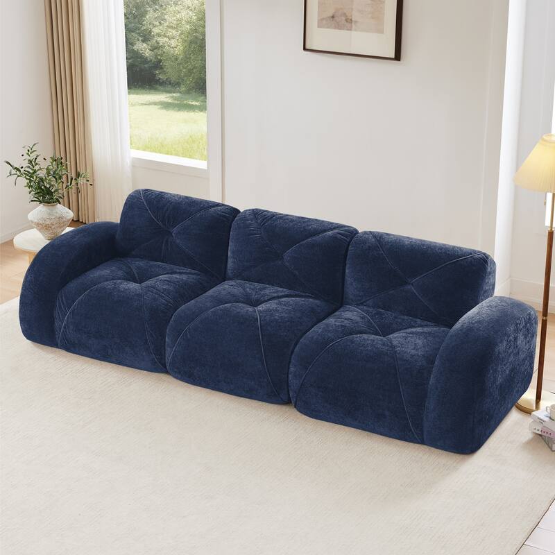 110" Boneless Sofa With Tufted, Soft Velvet Fabric, Modular Sectional Sofa Couches, 32D High Density Sponge - Blue