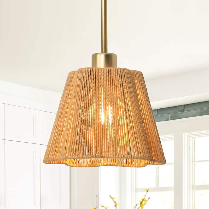 1-Light Boho Brown Paper Rope Cloche Hanging Pendant Light