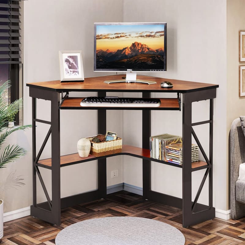 Javlergo Corner Desk with Keyboard Tray, Study Writing Computer Table for College Dorm Home Office - Light Brown