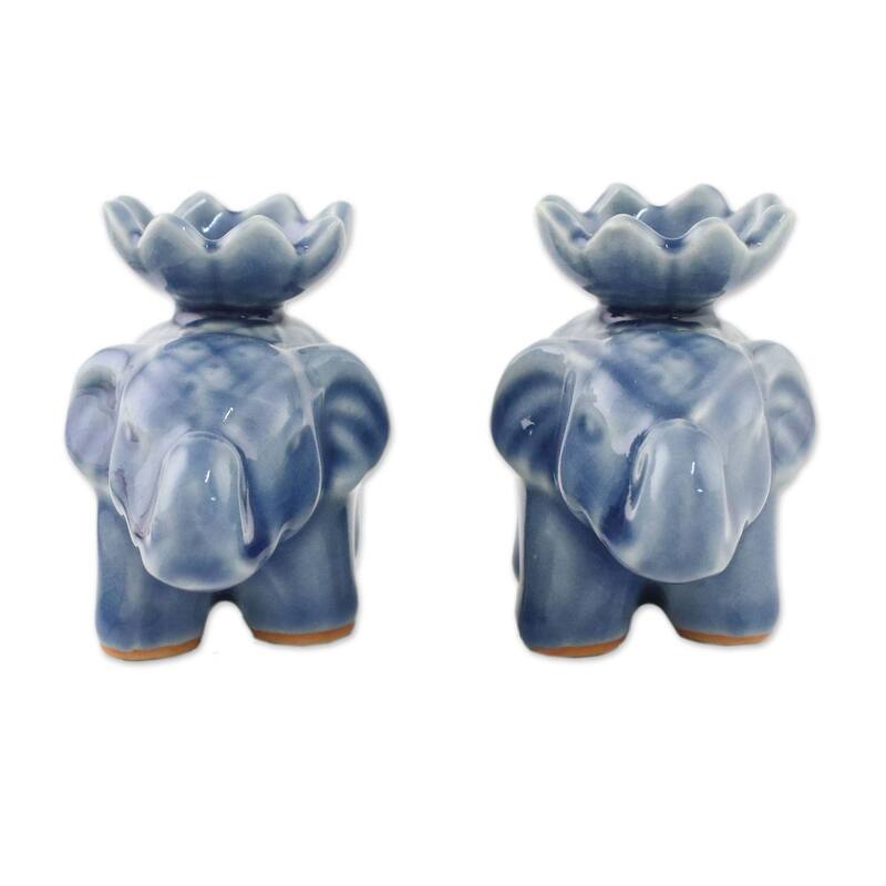 NOVICA Handmade Lotus Elephant In Blue Ceramic Incense Holders (Pair) Thailand - 2.2" H x 1.8" W x 3.1" D