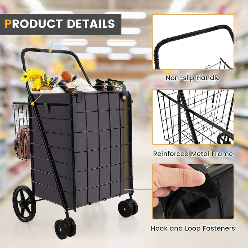 Gymax Folding Shopping Cart Utility Double Basket Grocery Cart w/