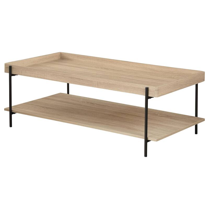 Allen Coffee Table, Tray Top, Shelf 47 Inch Brown Wood, Black Metal