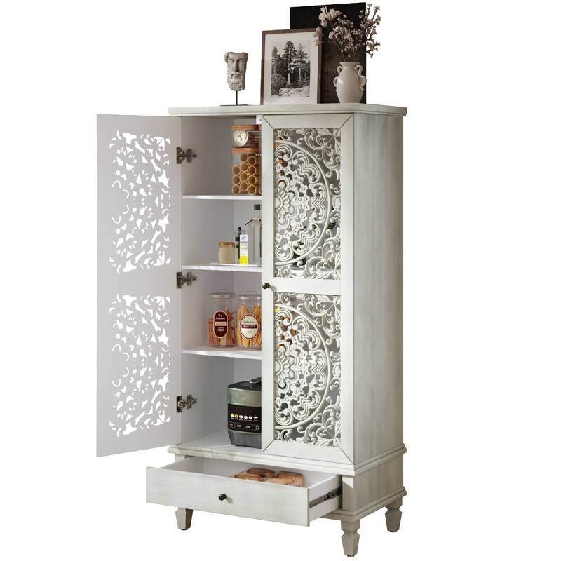 Rustic 55" Tall Storage Cabinet with Drawer, Decorative Carved Wood Accent for Living Room or Dining Area