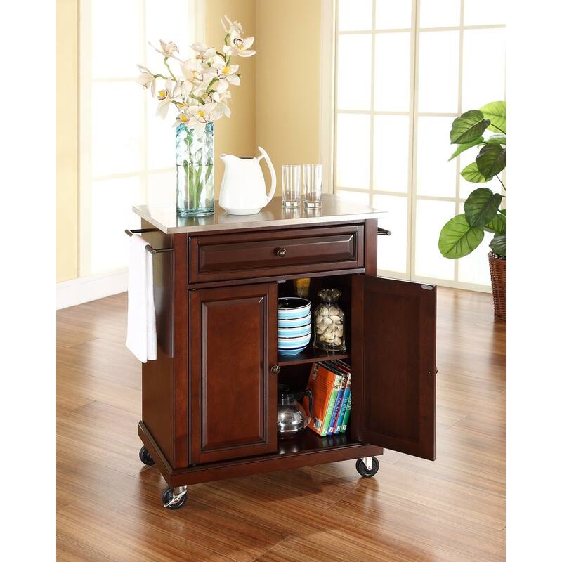 Compact Stainless Steel Top Kitchen Cart in White with Drawer, Adjustable Cabinet Storage, Towel Bars, and Wheels