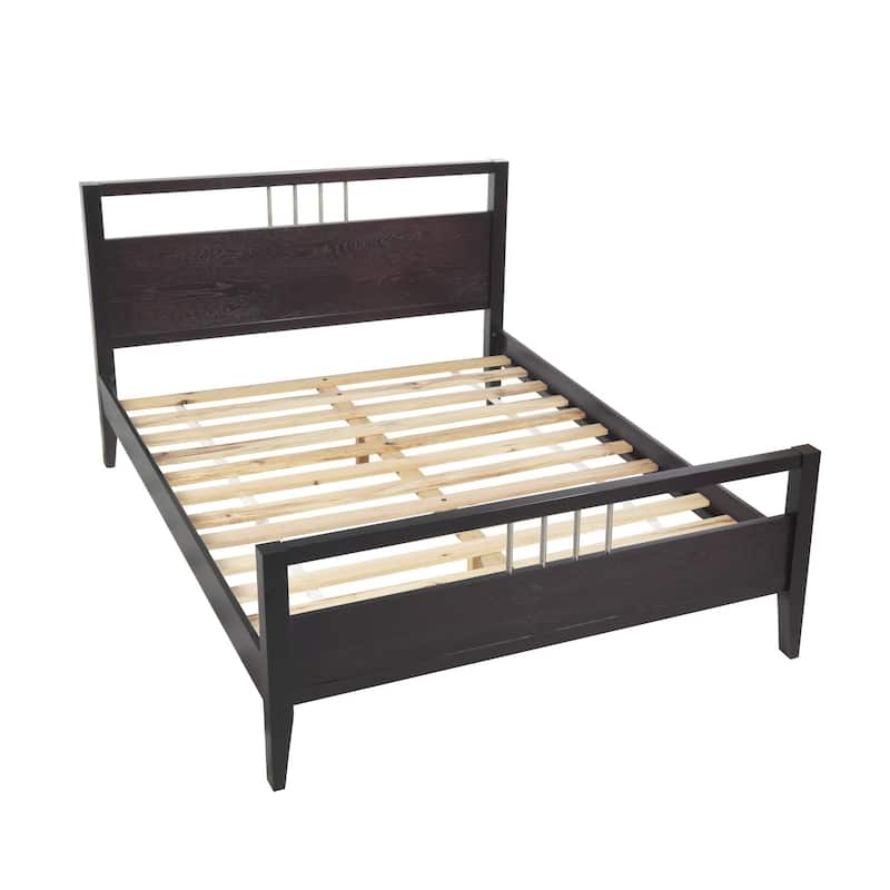 Fang Modern Twin Size Bed, Sleigh Headboard, Metal Bars, Espresso Brown