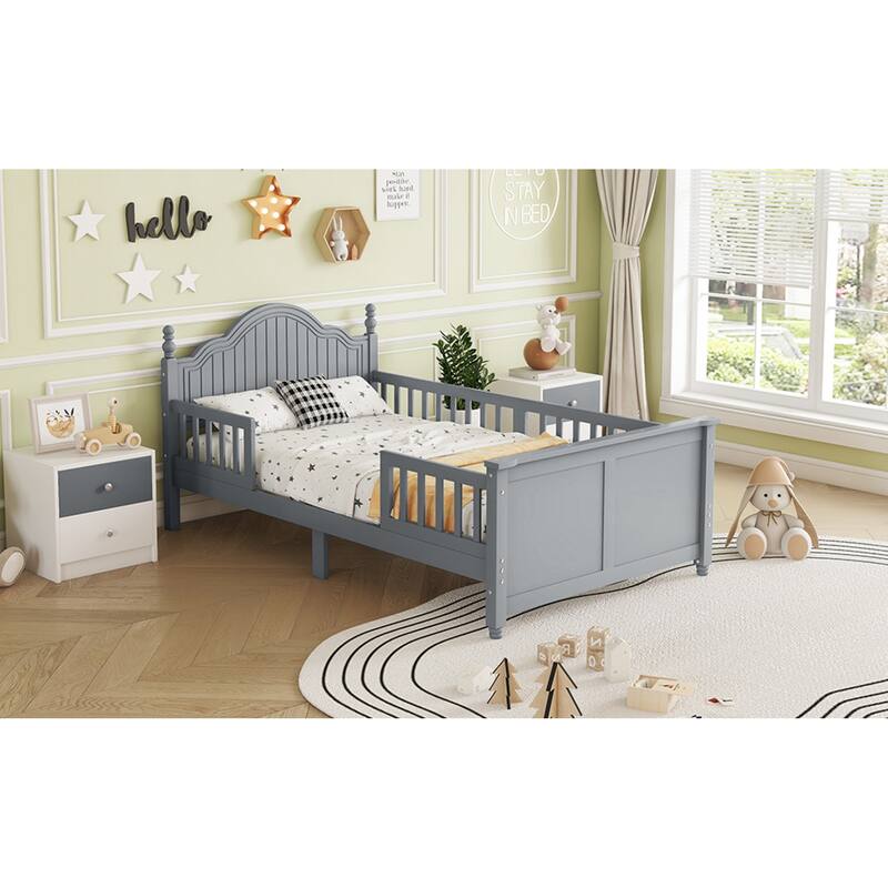 Roomfitters Twin/Full Platform Bed, Slatted Headboard and Removable Guardrails with Wooden Frame for Bedrooms or Guest Rooms