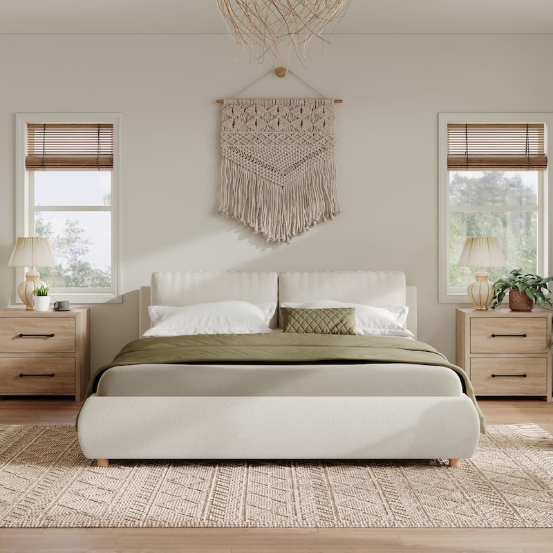 Christopher Knight Home - Charlotte Upholstered Boucle Platform Bed with Removable Pillow Headboard