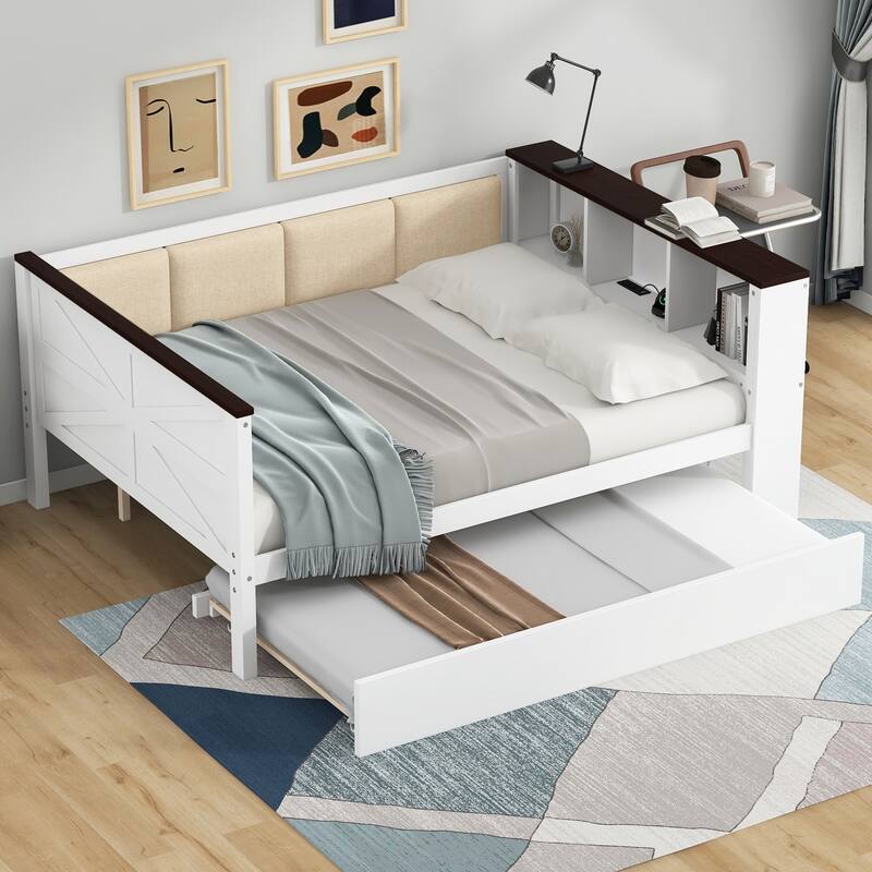 Wood Daybed with Storage Headboard Shelves Built-in USB, Upholstered Backrest and Trundle Bed, White Platform Storage Bed Frame - White - Full