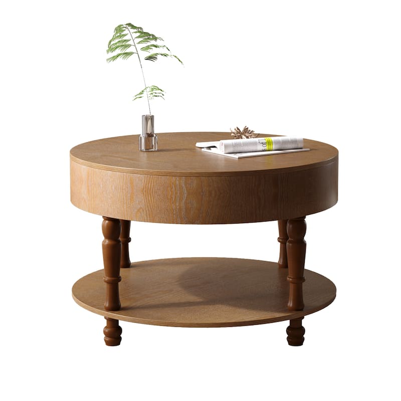 Round Flip-Top Coffee Table with Storage, Dual-Tier Center Table with Adjustable Leveling Feet and Open Shelf