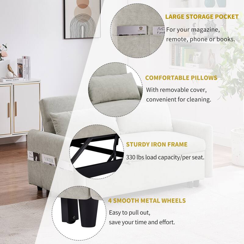Pull Out Sleep Sofa Bed, 55.1" Loveseats Sofa Couch w/ Adjsutable Backrest, Convertible Sofa Bed w/ Storage Pockets & USB Ports