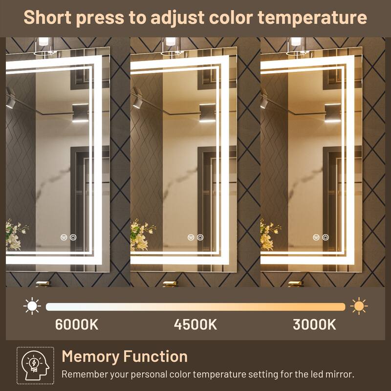 Keonjinn LED Front Light Bathroom Vanity Wall Mirror, 3 Color