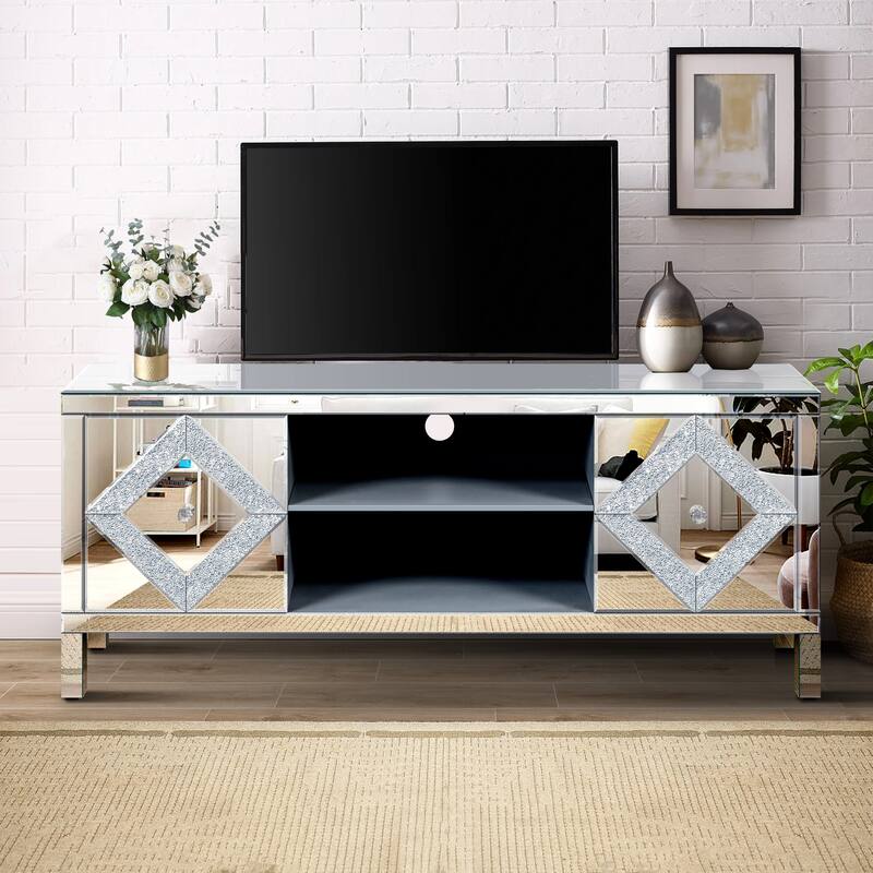 Silver 59" TV Stand with Diamond Mirror Doors & Storage for TVs Up to 65"