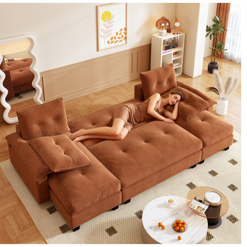104.7" U-Shaped Sleeper Sofa, Convertible Sectional Couch with Pull-Out Bed, Removable Armrests, USB Ports & Chaise Lounge