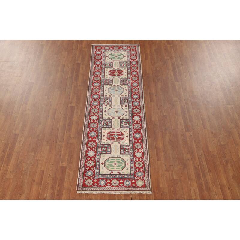 Geometric Kazak Runner Rug Hallway Handmade Wool Carpet - 2'9" x 9'4"