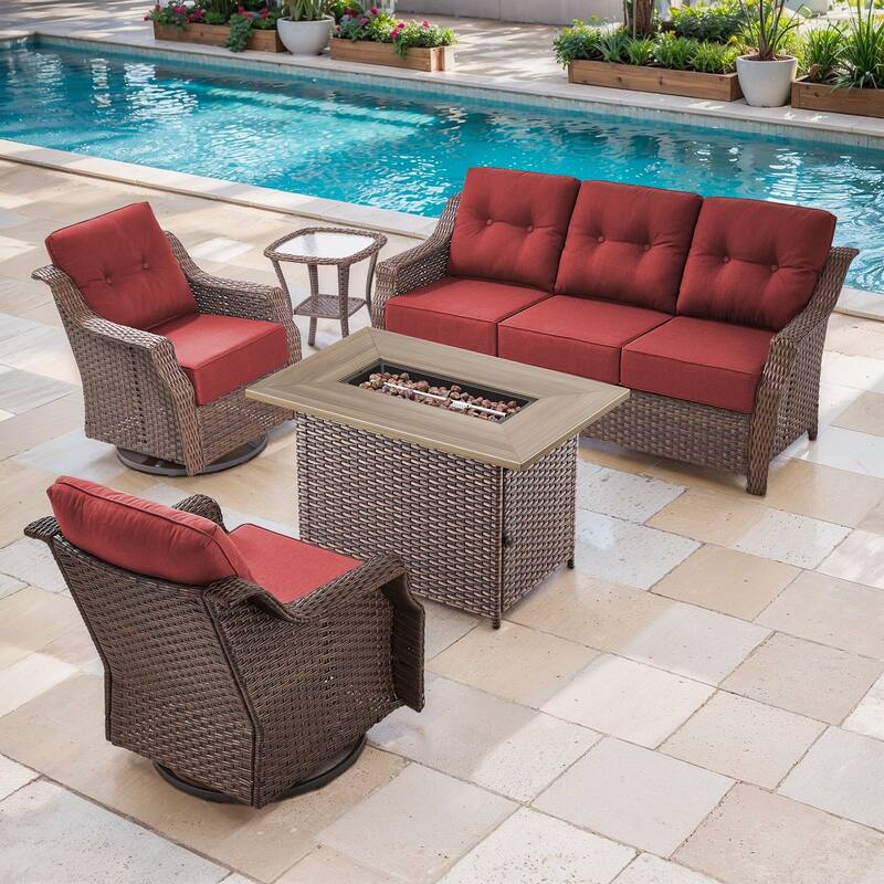 Artisan Brown Wicker Patio Fire Pit Conversation Set with 3-Seat Sofa & Swivel Gliders - Red - 5-Piece