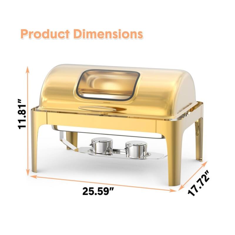 9QT Roll Top Chafing Dish for Buffet Retangle Food Warmer Server with Visible Lid Water Pan Stand Fuel Holder Clip - 9L