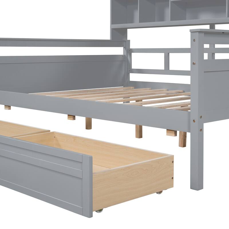 Full Size Daybed with Wood Slat Support, Bedside Shelf, and Two Drawers in Gray