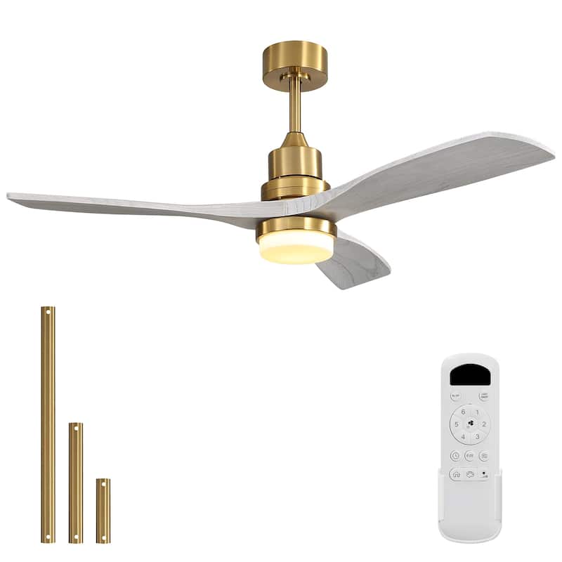 52" Solid Wood Noiseless 3-Blade Ceiling Fans with Dimmable LED Light Optional and Remote, 6-Speed Reversible DC Motor