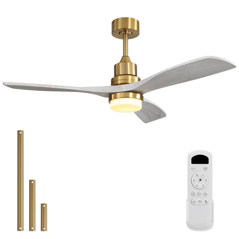 Sofucor 52" Solid Wood Noiseless Ceiling Fans with Dimmable LED Light Optional and Remote, 6-Speed Reversible, Smart Optional - Non-Smart-With lights - Gold and Grey Solid wood Blades