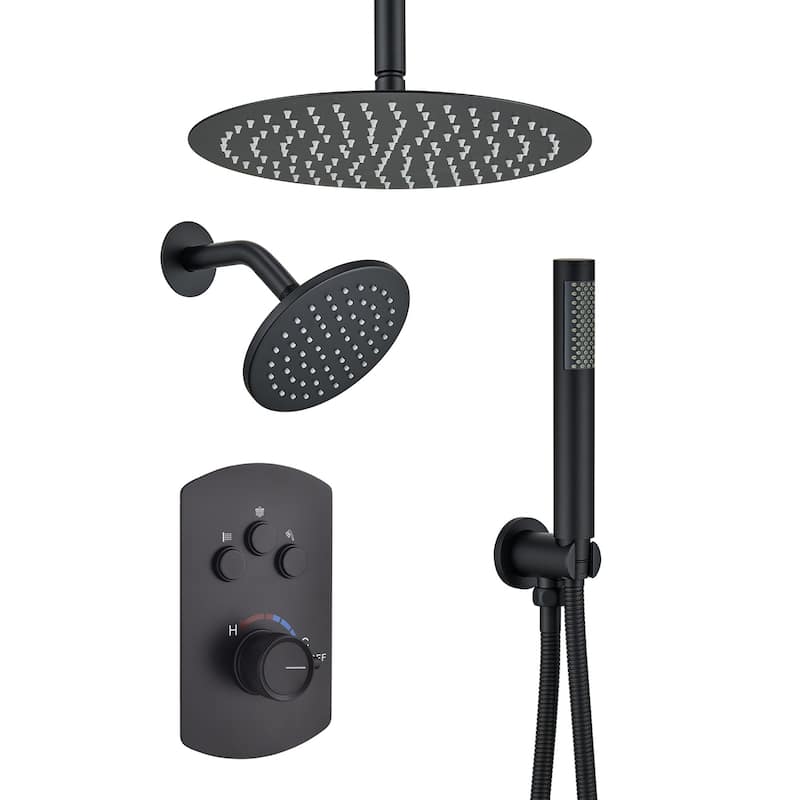 Pressure Balanced 3-Spray Patterns 2.5 GPM 12 in. Dual Shower Head Ceiling Mount Fixed and Handheld Shower Head - 12" x 12" - Matte Black