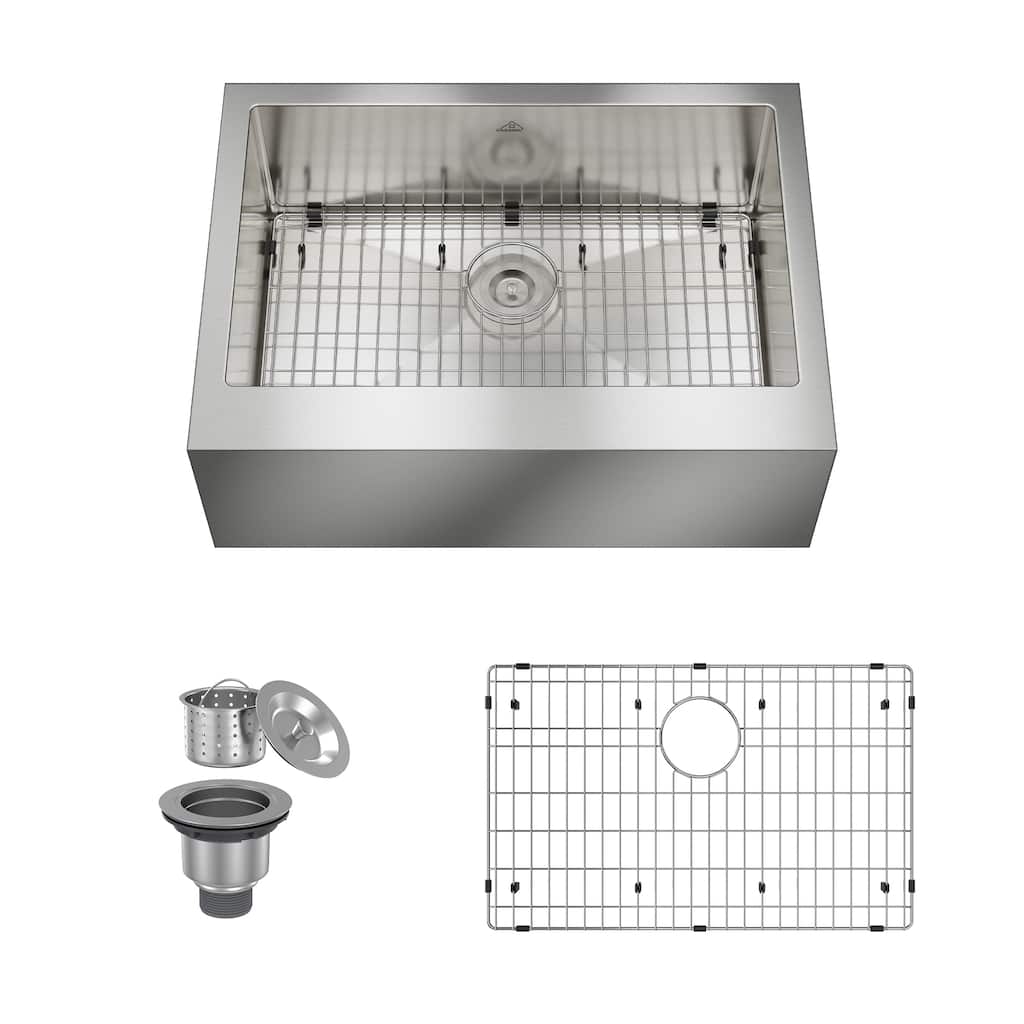 Handmade Stainless Steel 18-Gauge Single Bowl Farmhouse Apron Kitchen Sink with Bottom Grid and Basket Strainer