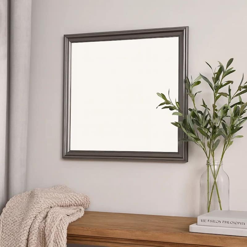 Wooden Frame Mirror with Mounting Hardware, Gray and Silver