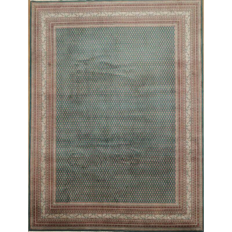 Hand Knotted Oriental 100% Wool Carpet Traditional All-Over Green Botemir Area Rug - 12' 0'' X 9' 1''