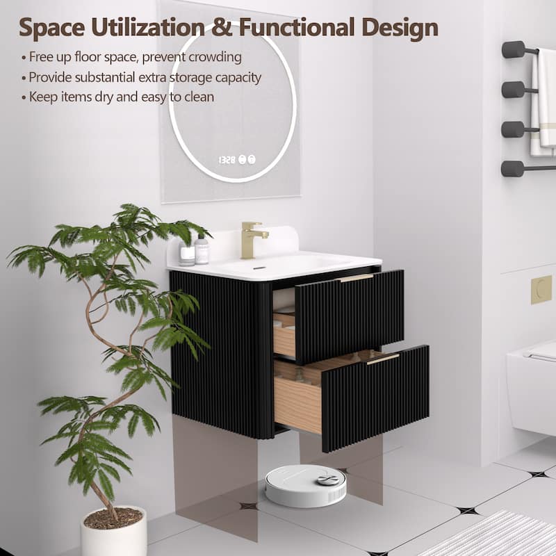 24" Floating Bathroom Vanity with Integrated countertop Rectangulare Sink Solid Wood - 24 inch