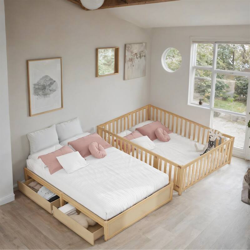 Full Size Wood Daybed with Fence Guardrails and 2 Drawers
